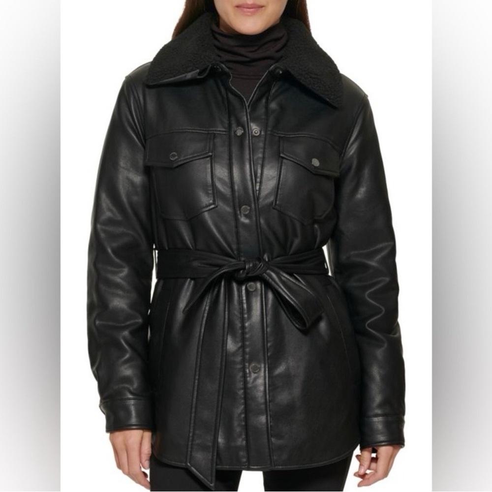 Kennth Cole Faux Leather & Faux Shearling Belted Shirt Jacket (Black)